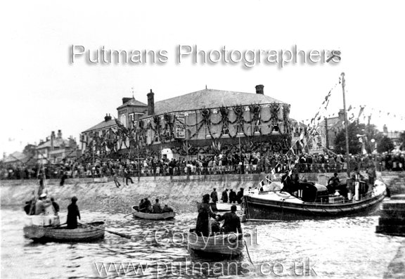 Ref 2665 Albion Hotel decorated for the opening of Princes Esplanade 30th July 1930. EMED lifeboat in foreground