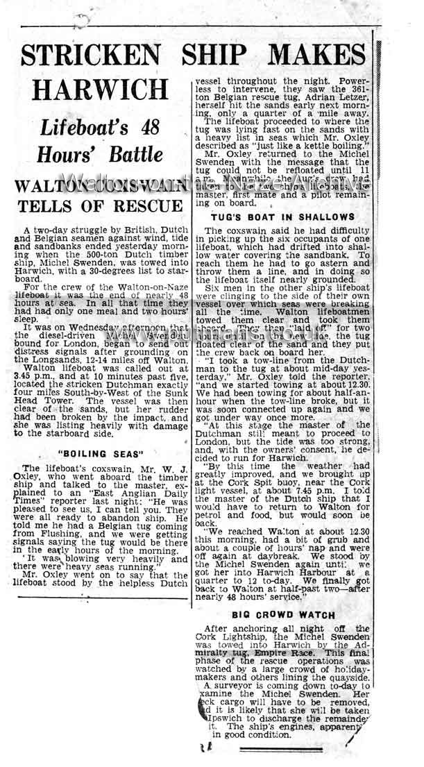 Ref 1820 Michel Svenden press cutting Walton Lifeboat