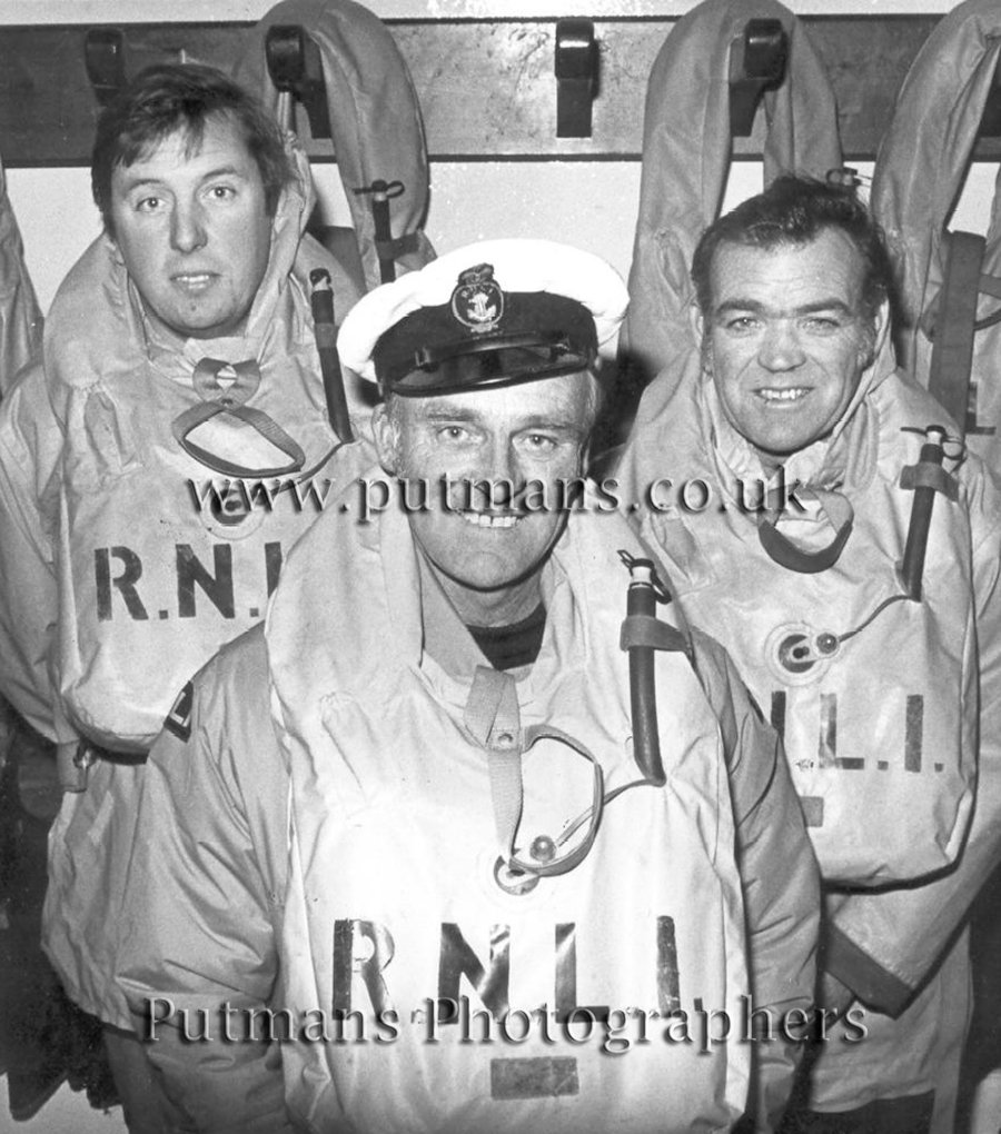 Lifeboat crew members after Pye Sands rescue August 1973 l to r: Keith Rcharson, Frank Bloom (Cox'n) Jack Barrett