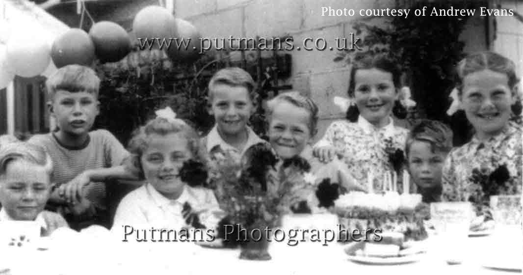 Ref 1487 Birthday Party: L to R Colin Bloom, ? Bloom, Cheryl Smith, Andrew Evans, Bryn Hopkins, Elizabeth Davis, Philip Bloom, Margaret Davis.