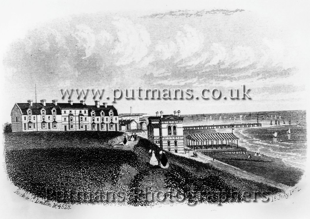 Ref 033 First pier in background with new Pier Hotel before the second pier was built. Etching